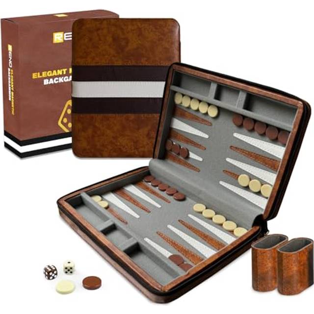 RENO Backgammon Set Magnetic Elegant Leather Backgammon Sets - Backgammon set for Adults and Kids -Travel Backgammon -Garden games- 23.5 cm Board