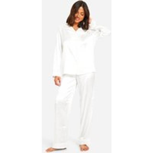 Womens Zebra Jacquard Stripe Satin Trouser Pj Shirt Set - White - 6