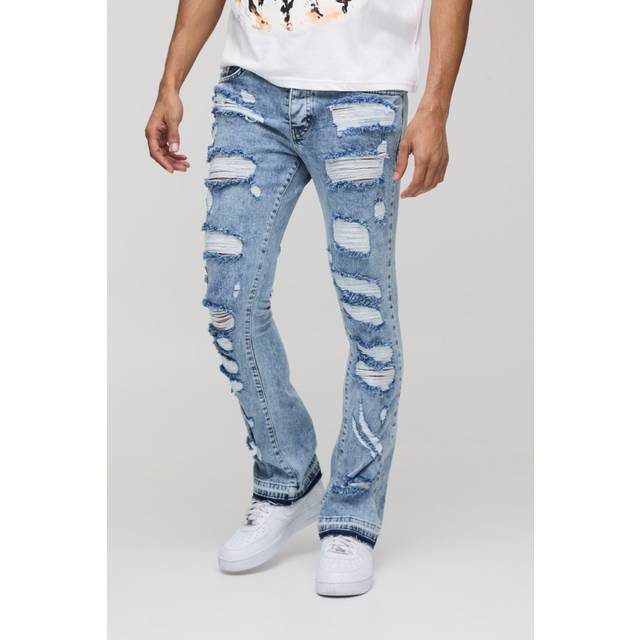 Skinny Flared All Over Ripped Distressed Jeans - Blue - 30R