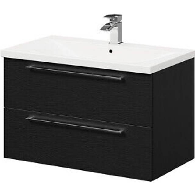 Napoli Wall Mounted Vanity Unit with 1 Tap Hole Basin and 2 Drawers with Polished Chrome Handles | Nero Oak | Ceramic/MDF | 800mm