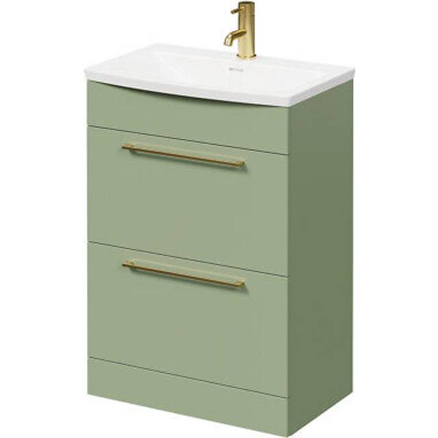 Napoli Floor Standing Vanity Unit with 1 Tap Hole Curved Basin and 2 Drawers with Brushed Brass Handles | Olive Green | MDF | 600mm