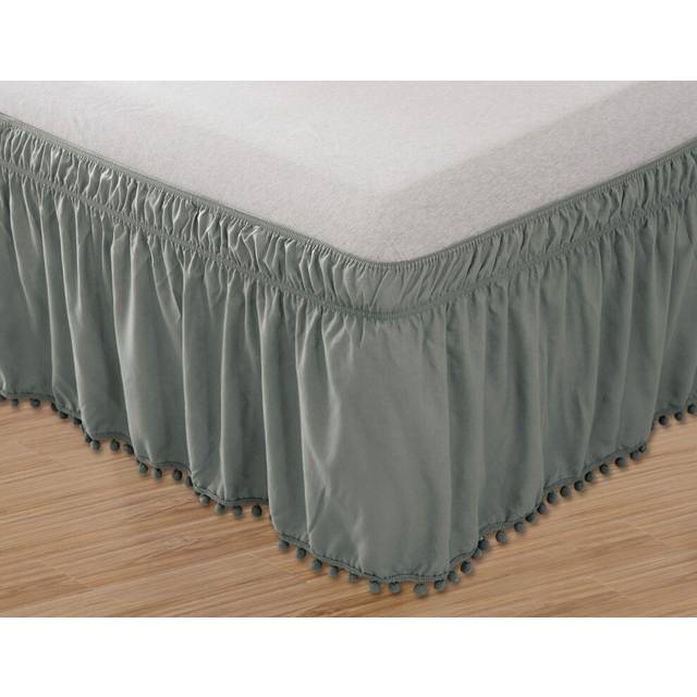 Elegant Comfort Top-Knot Tassle Pompom Fringe Ruffle Skirt Around Style Elastic Bed Wrap- Wrinkle Resistant 16 inch Drop  Twin/Full  Grey