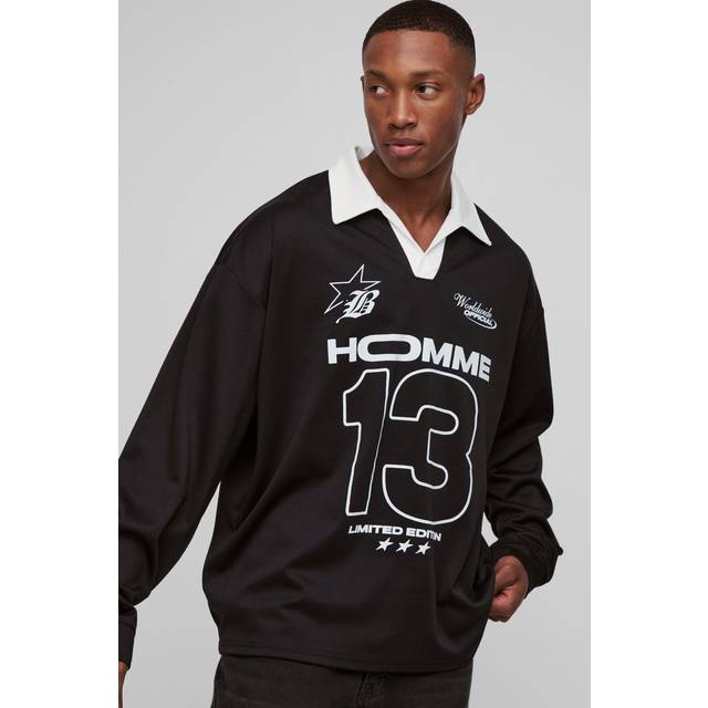 Mens Black Oversized Moto Graphic Long Sleeve Rugby Polo