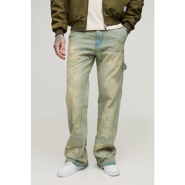 Tall Star Applique Gusset Detail Carpenter Jeans - Green - 30