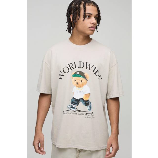 Oversized Teddy Worldwide Printed T-Shirt - Beige - S