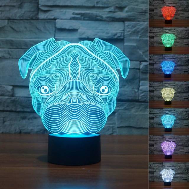 3D Cute Pug Dog Night Light Touch Table Desk Optical Illusion Lamps 7 Color Changing Lights Home Decoration Xmas Birthday Gift