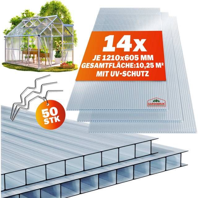 Twin Wall Polycarbonate Sheets 14 pc Set & 50 Greenhouse Glazing Clips
