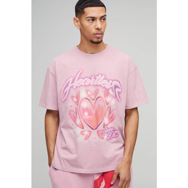 Oversized Washed Heartless Airbrush Graphic T-Shirt - Pink - M