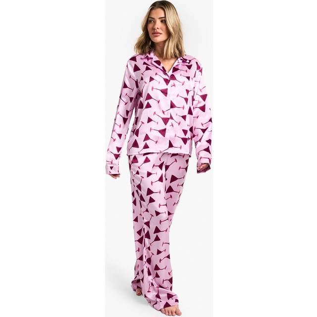 Womens Cocktail Print Long Sleeve Shirt & Trousers Pyjama Set - Pink - 6, Pink