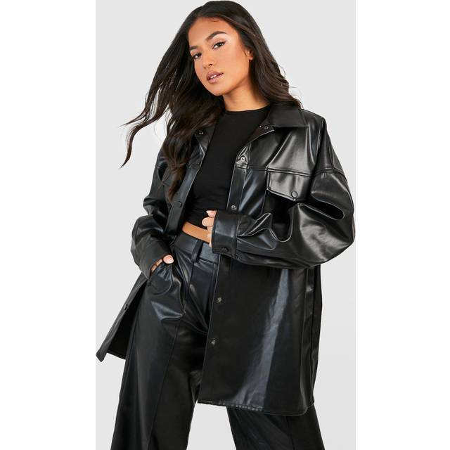 Womens Petite Faux Leather Oversized Shacket - Black - 16
