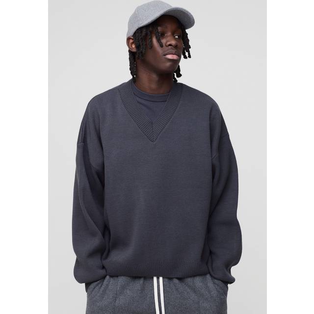 Mens Charcoal Oversized Boxy V Neck Knitted Jumper