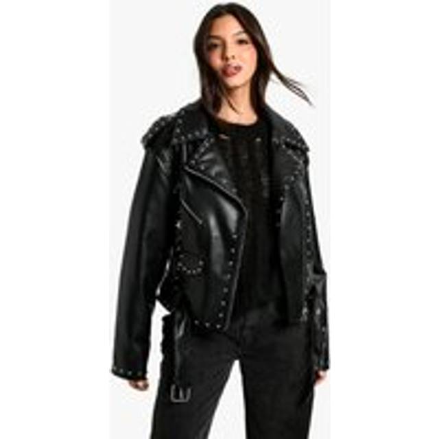 Womens Studded Faux Leather Biker Jacket - Black - 12, Black