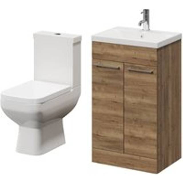 Wholesale Domestic Turin Floor Standing Vanity Unit and Toilet Suite with 1 Tap Hole Glide Basin and 2 Doors with Chrome Handles | Tobacco Oak | ABS Polished Chrome | 500mm