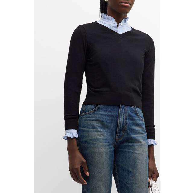 Janah V-Neck Crop Wool Sweater - BLACK - Medium