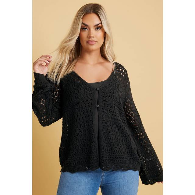 Yours Curve Black Crochet Button Through Cardigan, Women's Curve & Plus Size, Yours - 30-32