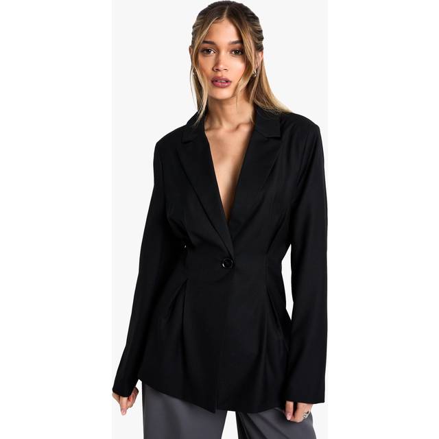 Womens Pleat Detail Cinched Waist Blazer - Black - 16, Black