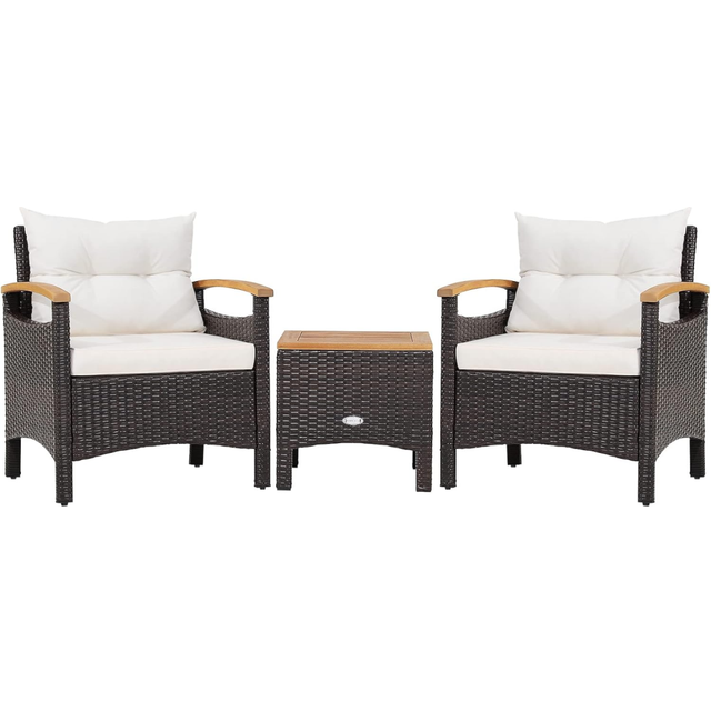 COSTWAY 3-Piece Rattan Bistro Set, Patio Sofa Set Garden Table and