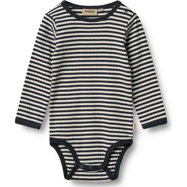 Wheat Langærmet Body Berti Stl. 80/12m unisex - Långärmad Från Magasin - Navy Rib Stripe (80/12m)