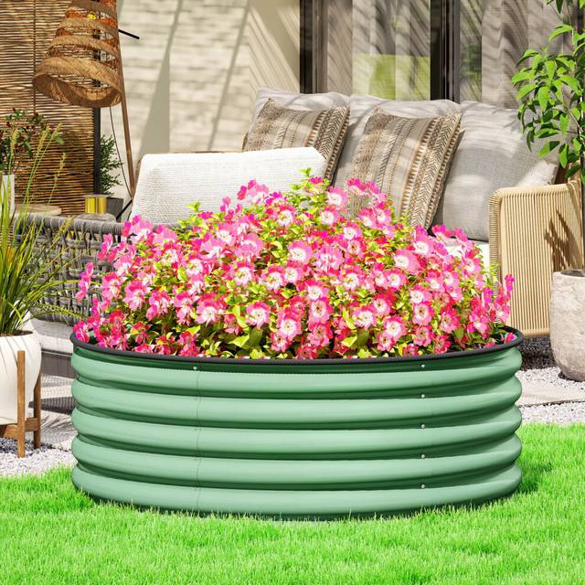 Outsunny Galvanised Planter with Gloves, 120 x 120 x 43cm, Light Green, Green