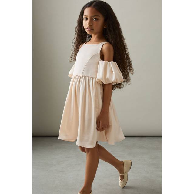 Reiss Kids' Christelle Puff Ball Sleeve Flared Dress, Ivory