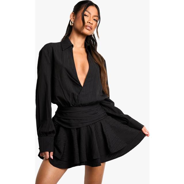 Womens Textured Ruched Frill Skirt Mini Dress - Black - 8