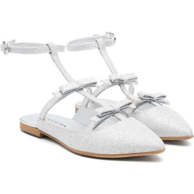 Monnalisa - bow glitter ballerina shoes - kids - Polyethylene/Polyurethane/Polyester/Goat Skin/Rubber/Acrylic - 36 - Silver