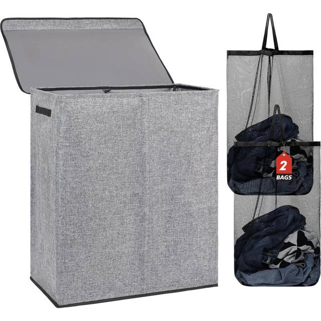 DOKEHOM 150L Double Laundry Basket with Lid and Removable Laundry Bags  Large Collapsible Laundry Hamper with 2 Sections for Bedroom  Bathroom  Laundr