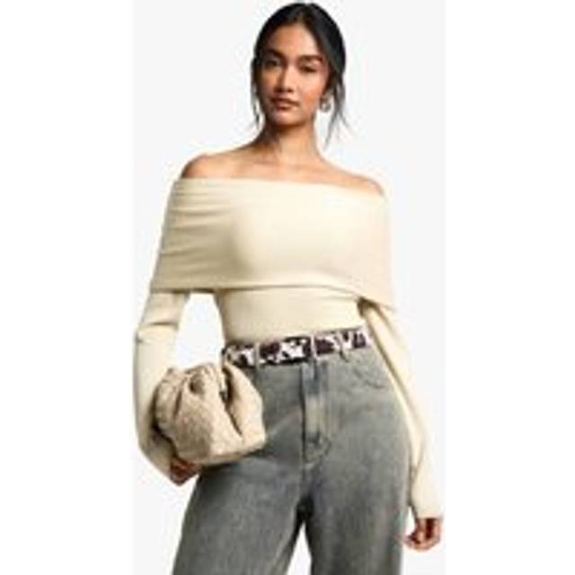 Womens Premium Rib Knitted Bardot Jumper - White - S