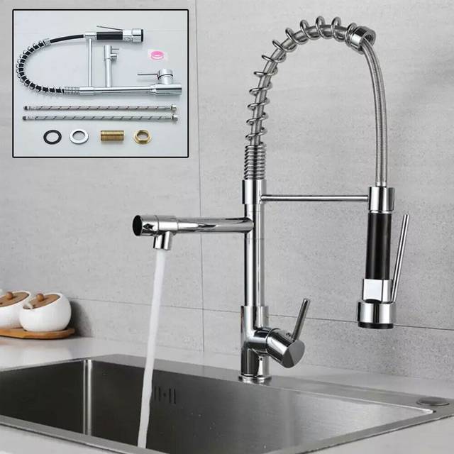 Modern monobloc pull out kitchen mixer tap dual spout spray single lever chrome