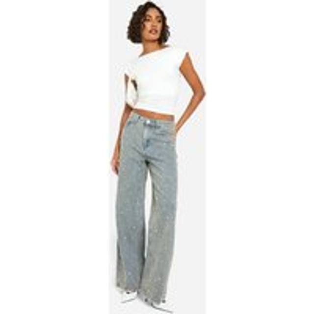 Womens Tall Pearl Detail Wide Leg Jean - White - 6, White