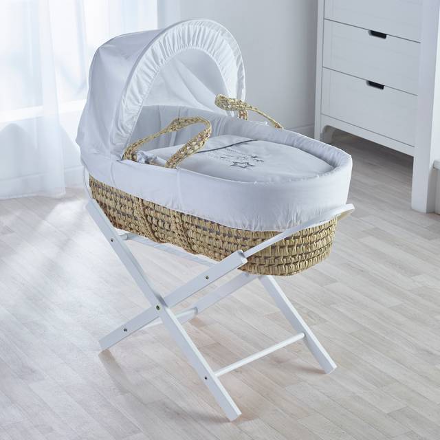 White Wish Upon A Star Palm Moses Basket with Folding Stand White - White