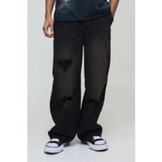 Mens Dark Brown Baggy Rigid Boxer Waistband Ripped Denim Jeans