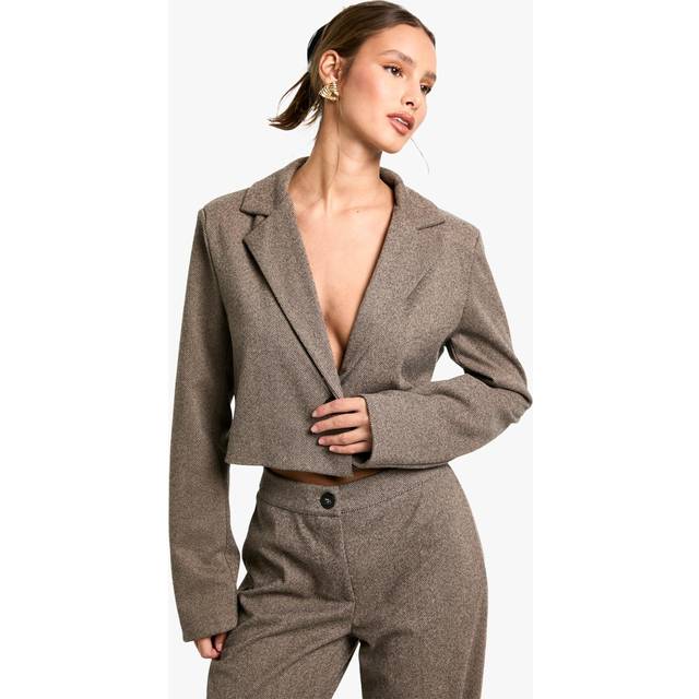 Womens Herringbone Tailored Cropped Blazer - Brown - 10