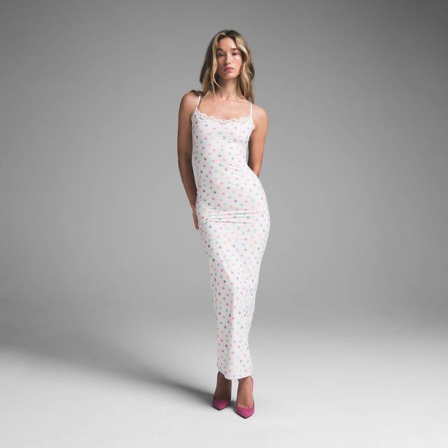 SKIMS Long Slip Dress | White | XS | Fits Everybody Lace - Marble Candy Heart Print