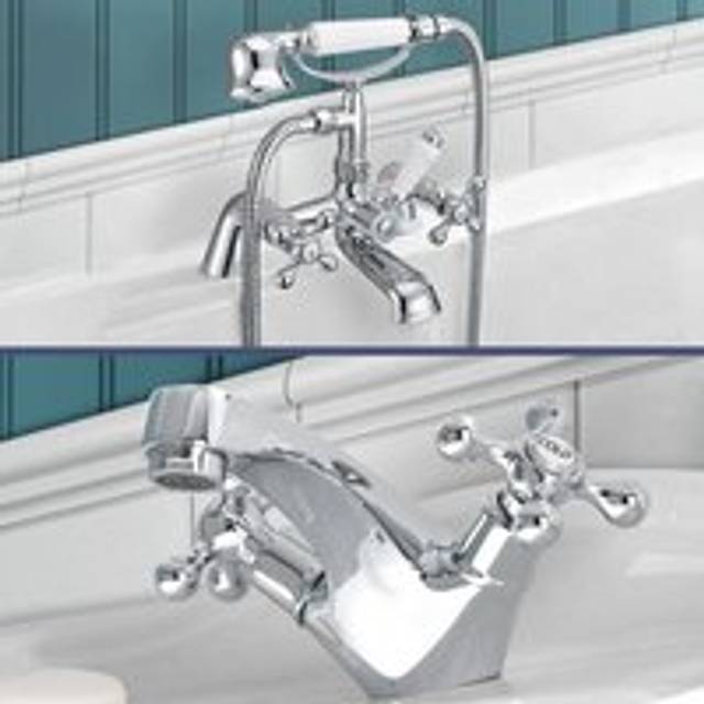 Nes Home - Stafford Victorian Cross Head Bath Shower Mixer Tap With Handheld Kit & Basin Mono Mixer Tap & Waste