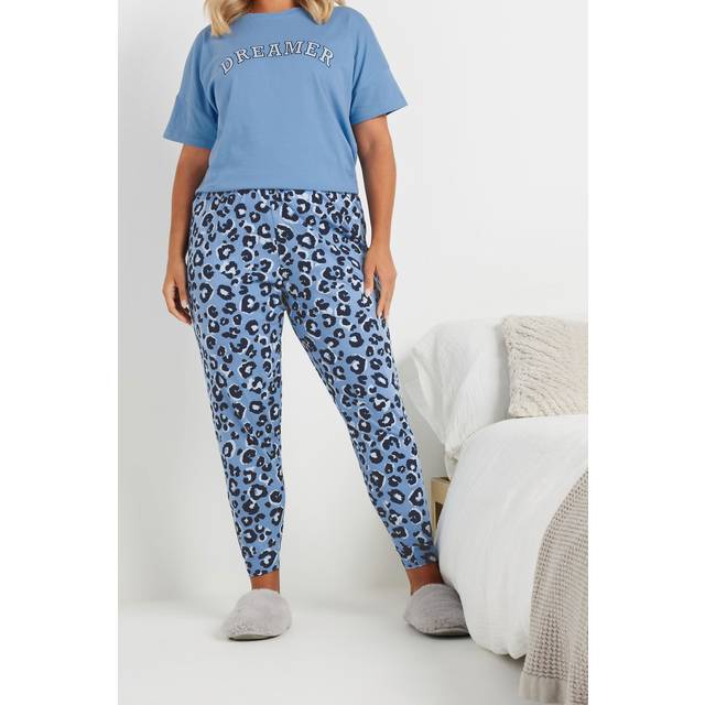 Yours Curve Blue Leopard Print Cuffed Pyjama Bottoms - 14-16
