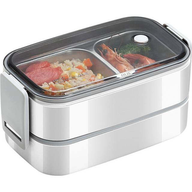 (White) Portable Double Layer Lunch Box Stainless Steel Insulated Bento Box
