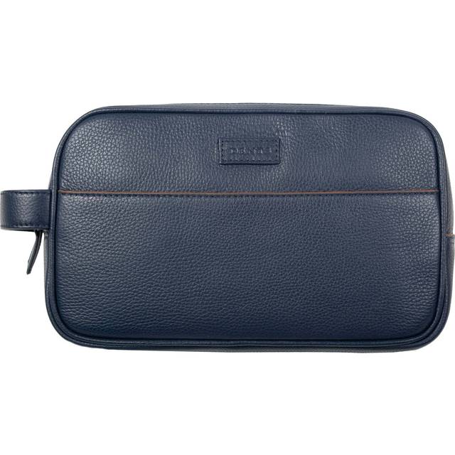 Men's Two-Zip Pebble Grain Leather Wash Bag - Navy/Cognac / One