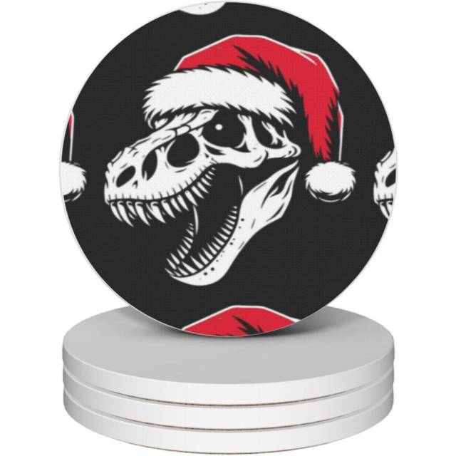 (T-Rex Skull Santa Claus=835) Ceramic Coasters Set of 4 Xmas for Drink Wine Beer Bar with Cork Base Housewarming Birthday Christmas Gift