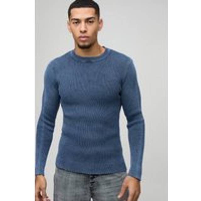 Muscle Fit Ribbed Acid Wash Ribbed Knitted Jumper - Blue - L