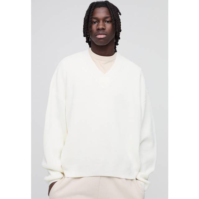 Oversized Boxy V Neck Knitted Jumper - Cream - L