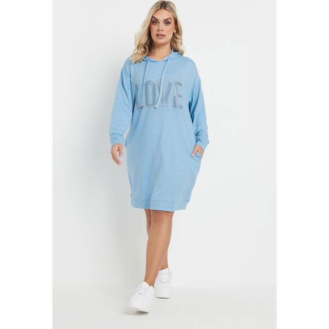 Yours Curve Blue Diamante Embellished 'Love' Hoodie Dress, Women's Curve & Plus Size, Yours - 18