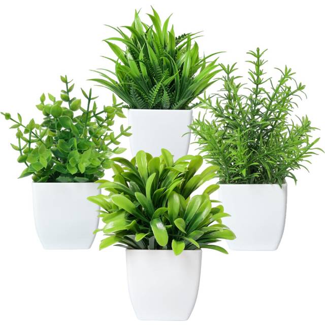 4 Packs Small Fake Plants Mini Artificial Faux White Potted Plants for Home Decor Indoor Bathroom Living Room Table Desk Farmhouse