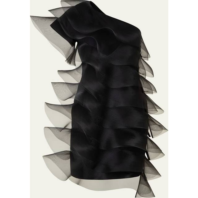 Tiered Diagonal Crinoline Ruffles One-Shoulder Mini Dress - BLACK - 8