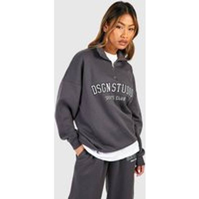 Womens DSGN Studio Applique Oversized Half Zip Sweatshirt - Charcoal - M