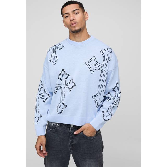 Mens Blue Oversized Boxy Cross Crew Neck Knitted Jumper