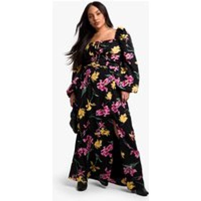 Womens Plus Floral Balloon Sleeve Milkmaid Maxi Dress - Black - 28, Black