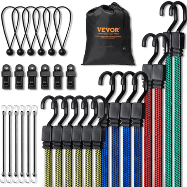 Vevor - 32 Piece Flat Bungee Cord Set, 17 mm Heavy Duty Bungee Straps with A3 Steel J-Hooks, Includes 10', 18', 24', 32', 40', Bungee Rope with