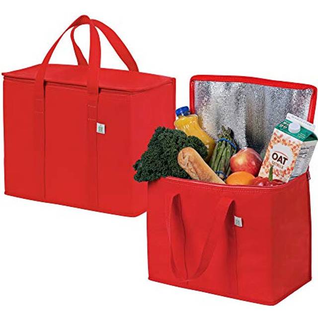 VENO 2 Pack Insulated Reusable Grocery Shopping Bag, Food Delivery, Cooler Bag, Heavy Duty, Large Size, Durable Handles, Dual Tab Zips, Lid, Stands