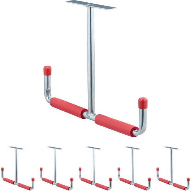 Relaxdays - Set of 6 Garage Ceiling Hooks, T-Shape, up to 25 kg, Storage, Steel With Padding, HxW: 30x42 cm, Silver-Red